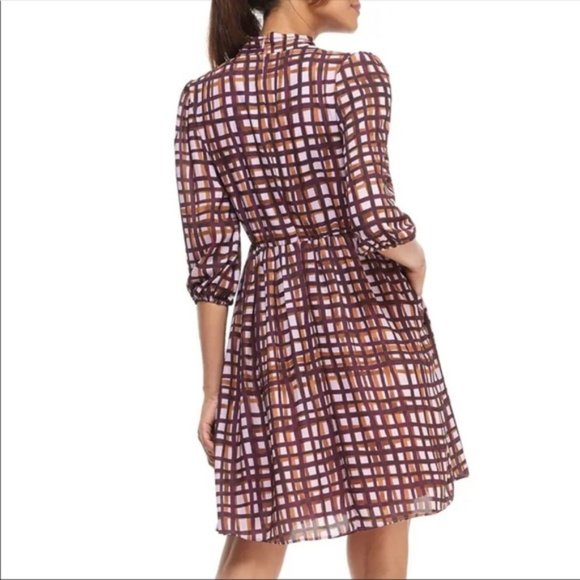 Gal Meets Glam Lindsey Dress Size 2 Purple Pink Plaid Tie Neck Pockets V Neck - Picture 4 of 15
